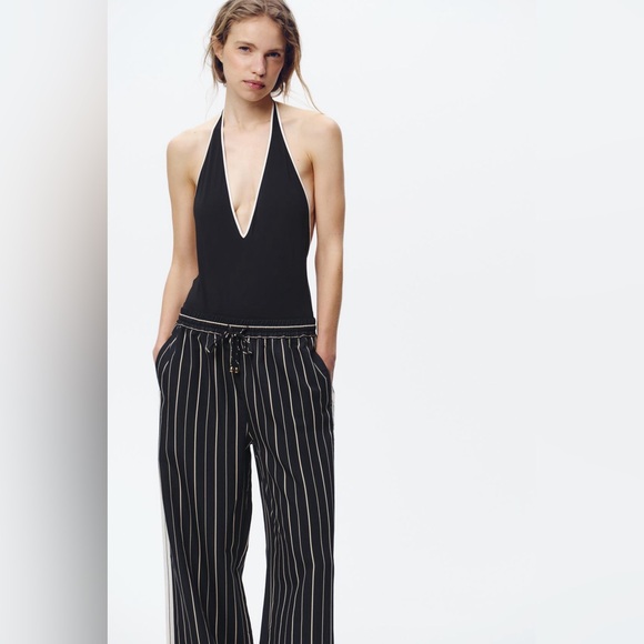 Zara Striped Women’s Wide Leg Trousers Pants with Drawstring Tie - Picture 5 of 9